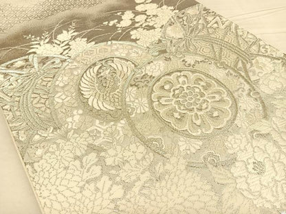 平和屋着物◎六通柄袋帯　唐織　美保姿　鼓花鳥文　銀糸　正絹　逸品　BAAW8018qw
