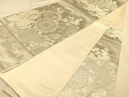 平和屋着物◎六通柄袋帯　唐織　美保姿　鼓花鳥文　銀糸　正絹　逸品　BAAW8018qw