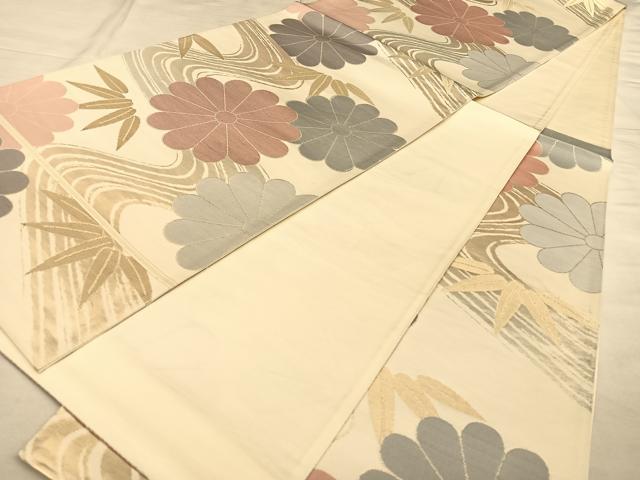平和屋着物◎六通柄袋帯　流水草花文　正絹　逸品　BAAW8038qw