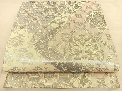 平和屋着物◎六通柄袋帯　切嵌花鳥文　銀糸　正絹　逸品　BAAW8040qw