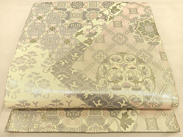 平和屋着物◎六通柄袋帯　切嵌花鳥文　銀糸　正絹　逸品　BAAW8040qw