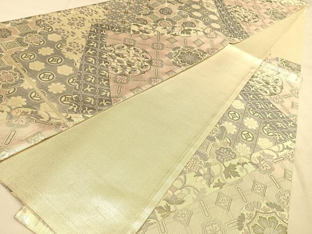 平和屋着物◎六通柄袋帯　切嵌花鳥文　銀糸　正絹　逸品　BAAW8040qw