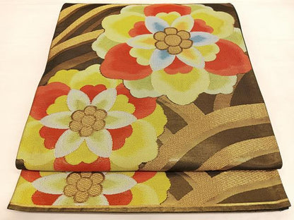 平和屋着物◎六通柄袋帯　舞花文　黒地　金糸　正絹　逸品　BAAW8044qw