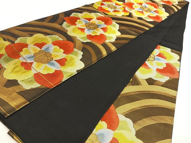 平和屋着物◎六通柄袋帯　舞花文　黒地　金糸　正絹　逸品　BAAW8044qw