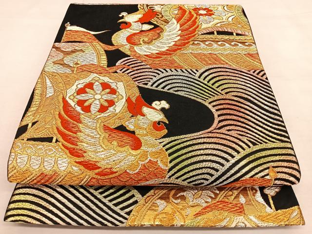 平和屋着物◎六通柄袋帯　唐織　船花鳥文　黒地　金銀糸　正絹　逸品　BAAW8052qw