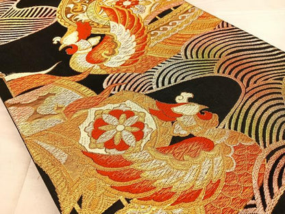 平和屋着物◎六通柄袋帯　唐織　船花鳥文　黒地　金銀糸　正絹　逸品　BAAW8052qw