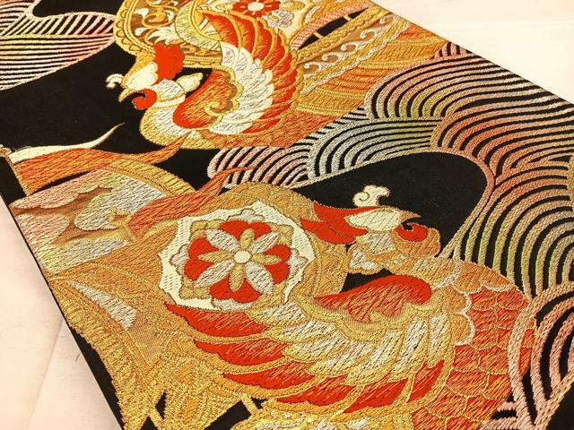 平和屋着物◎六通柄袋帯　唐織　船花鳥文　黒地　金銀糸　正絹　逸品　BAAW8052qw