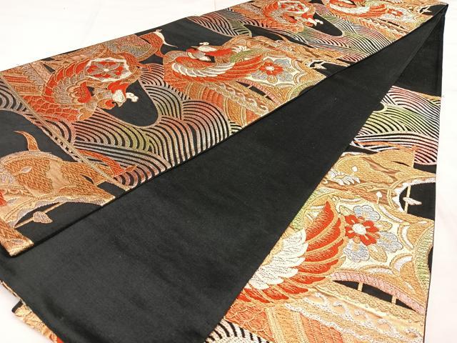 平和屋着物◎六通柄袋帯　唐織　船花鳥文　黒地　金銀糸　正絹　逸品　BAAW8052qw