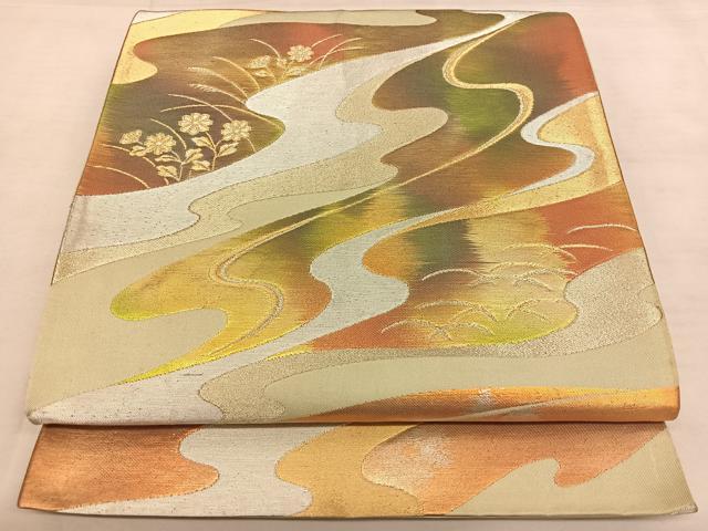 平和屋着物◎六通柄袋帯　流水花文　金銀糸　正絹　逸品　BAAW8054qw