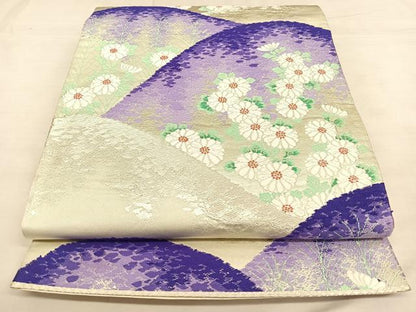 平和屋着物◎六通柄袋帯　唐織　遠山菊文　銀糸　正絹　逸品　BAAW8056qw