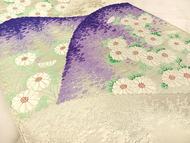 平和屋着物◎六通柄袋帯　唐織　遠山菊文　銀糸　正絹　逸品　BAAW8056qw