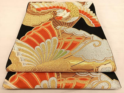 平和屋着物◎六通柄袋帯　唐織　鳳凰舞蝶文　黒地　金銀糸　正絹　逸品　BAAW8065qw