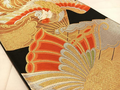 平和屋着物◎六通柄袋帯　唐織　鳳凰舞蝶文　黒地　金銀糸　正絹　逸品　BAAW8065qw