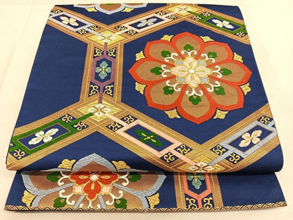 平和屋着物◎六通柄袋帯　唐織　亀甲花文　金糸　正絹　逸品　BAAW8067qw
