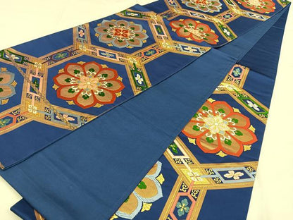 平和屋着物◎六通柄袋帯　唐織　亀甲花文　金糸　正絹　逸品　BAAW8067qw