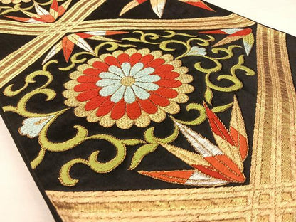 平和屋着物◎六通柄袋帯 唐織 花菱文 黒地 金銀糸 正絹 逸品 BAAW8076qw