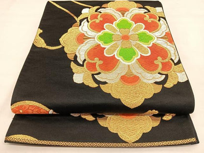 平和屋着物◎六通柄袋帯 唐織 正倉院鼓花文 黒地 金銀糸 正絹 逸品 BAAW8080qw