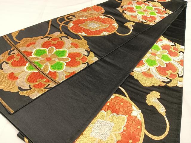 平和屋着物◎六通柄袋帯 唐織 正倉院鼓花文 黒地 金銀糸 正絹 逸品 BAAW8080qw