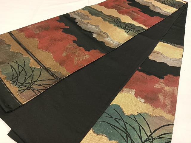 平和屋着物◎六通柄袋帯　霞草木文　黒地　金銀糸　正絹　逸品　BAAW8082qw