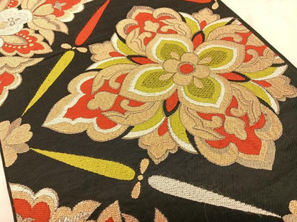 平和屋着物◎六通柄　本袋帯　花菱文　黒地　金糸　正絹　逸品　BAAW8084qw