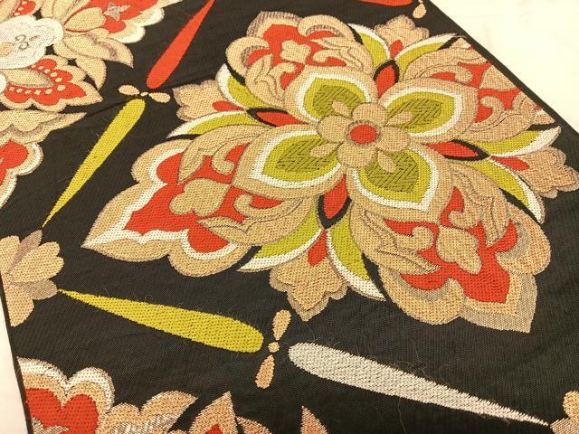 平和屋着物◎六通柄　本袋帯　花菱文　黒地　金糸　正絹　逸品　BAAW8084qw