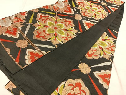 平和屋着物◎六通柄　本袋帯　花菱文　黒地　金糸　正絹　逸品　BAAW8084qw