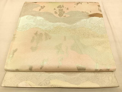 平和屋着物◎六通柄袋帯　霞草花文　銀糸　正絹　逸品　BAAW8087qw