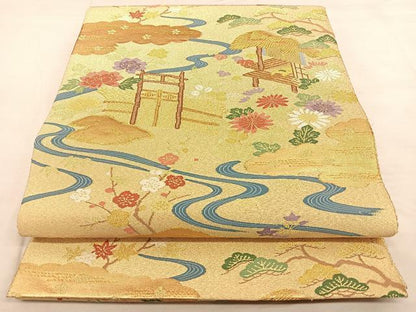 平和屋着物◎太鼓柄袋帯　風景文　金糸　正絹　逸品　BAAW8103qw