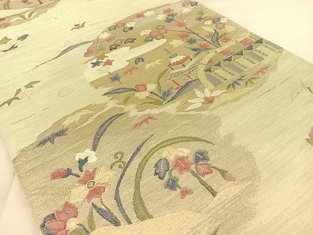 平和屋着物◎六通柄 京袋帯 風景花文 正絹 逸品 BAAW8113qw
