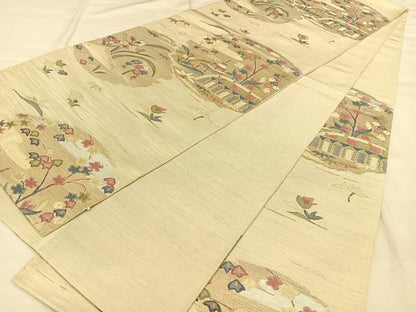 平和屋着物◎六通柄 京袋帯 風景花文 正絹 逸品 BAAW8113qw