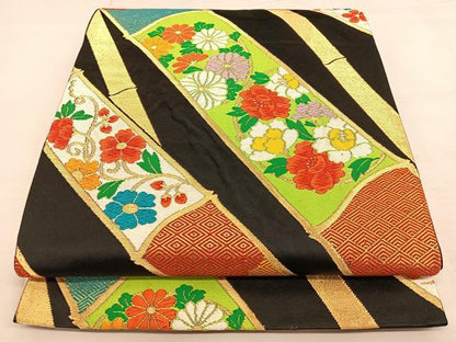 平和屋着物◎六通柄袋帯　唐織　竹花文　黒地　金糸　正絹　逸品　BAAW8120qw