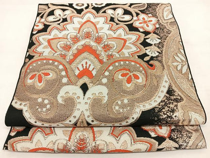 平和屋着物◎六通柄　本袋帯　唐織　更紗花唐草文　黒地　金糸　正絹　逸品　BAAW8132qw