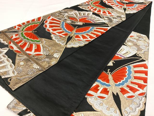 平和屋着物◎六通柄　京袋帯　唐織　舞蝶文　黒地　金銀糸　正絹　逸品　BAAW8134qw