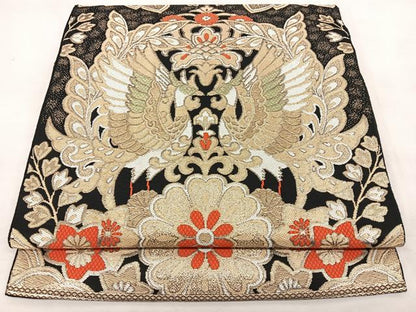 平和屋着物◎六通柄　本袋帯　唐織　花鳥文　黒地　金糸　正絹　逸品　BAAW8138qw