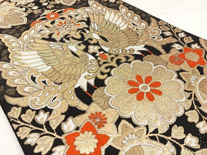 平和屋着物◎六通柄　本袋帯　唐織　花鳥文　黒地　金糸　正絹　逸品　BAAW8138qw