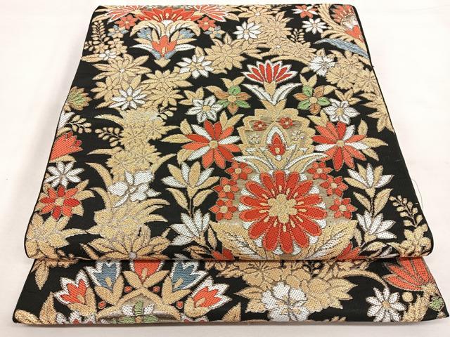 平和屋着物◎六通柄袋帯　唐織　花唐草文　黒地　金糸　正絹　逸品　BAAW8140qw