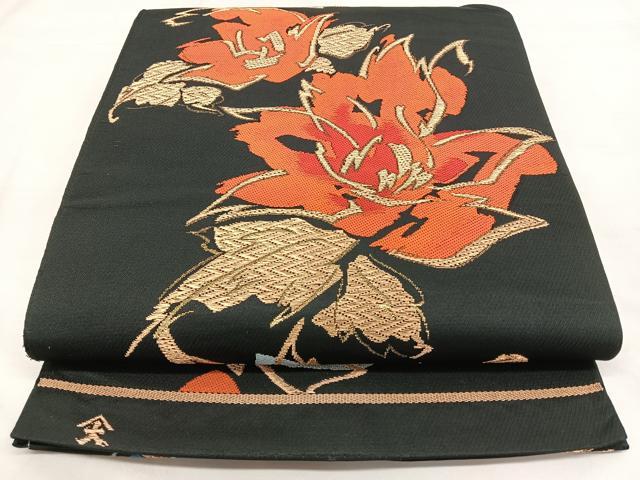 平和屋着物◎六通柄袋帯 唐織 舞花文 黒地 金糸 正絹 逸品 BAAW8142qw