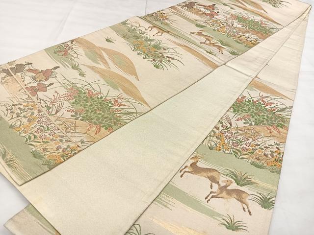 平和屋着物◎六通柄袋帯　動物人物文　金糸　正絹　逸品　BAAW8148qw