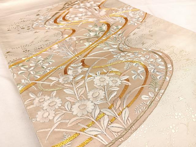 平和屋着物◎太鼓柄袋帯　駒刺繍　流水花文　金彩　正絹　逸品　BAAW8158qw