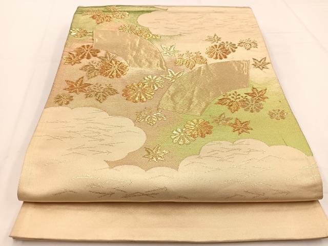 平和屋着物◎六通柄袋帯　雲取り地紙花文　金糸　正絹　逸品　BAAW8166yc