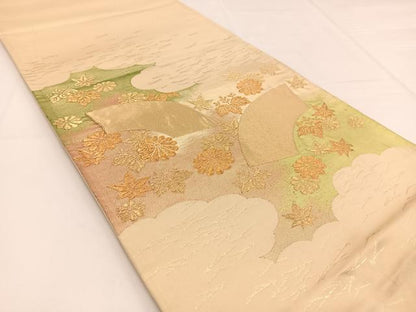 平和屋着物◎六通柄袋帯　雲取り地紙花文　金糸　正絹　逸品　BAAW8166yc
