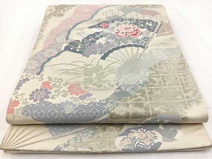 平和屋着物◎六通柄袋帯　唐織　プラチナ　三雅扇　正絹　逸品　BAAW8186yc