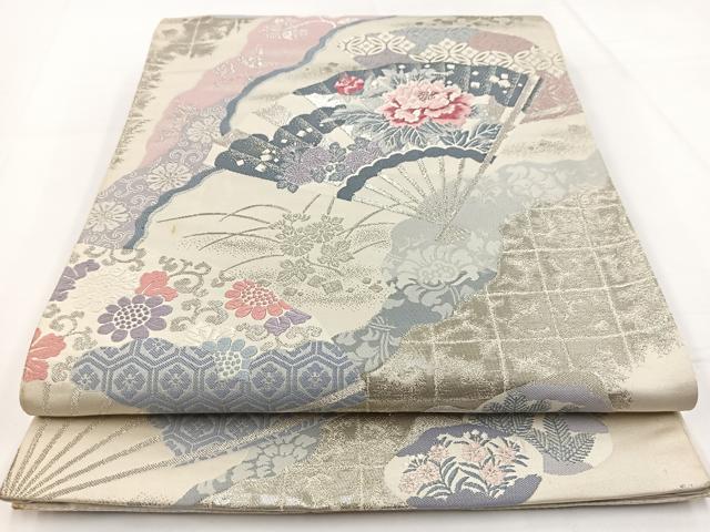 平和屋着物◎六通柄袋帯　唐織　プラチナ　三雅扇　正絹　逸品　BAAW8186yc