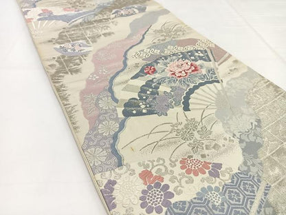 平和屋着物◎六通柄袋帯　唐織　プラチナ　三雅扇　正絹　逸品　BAAW8186yc