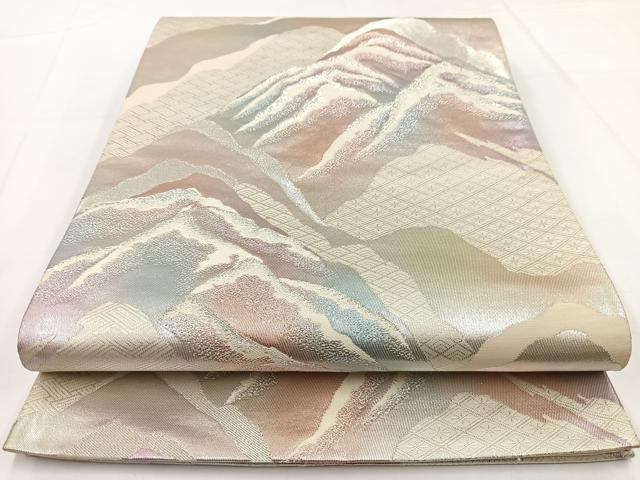 平和屋着物◎六通柄袋帯　重ね山文　銀糸　正絹　逸品　BAAW8189yc