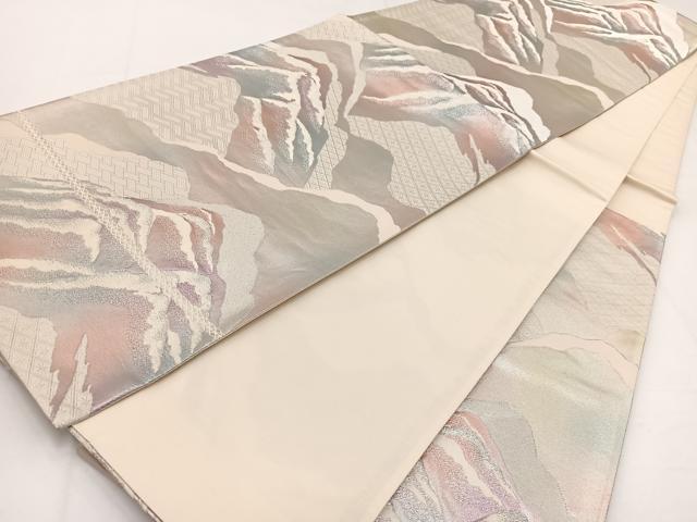 平和屋着物◎六通柄袋帯　重ね山文　銀糸　正絹　逸品　BAAW8189yc