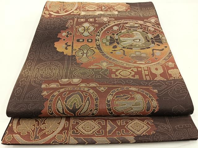 平和屋着物◎六通柄袋帯　更紗花鳥文　金糸　引箔　正絹　逸品　BAAW8202yc