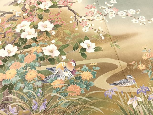 平和屋着物●十日町友禅作家　岡村蒼風　色留訪問着　花鳥文　暈し染め　金銀彩　正絹　逸品　BAAW8276yc