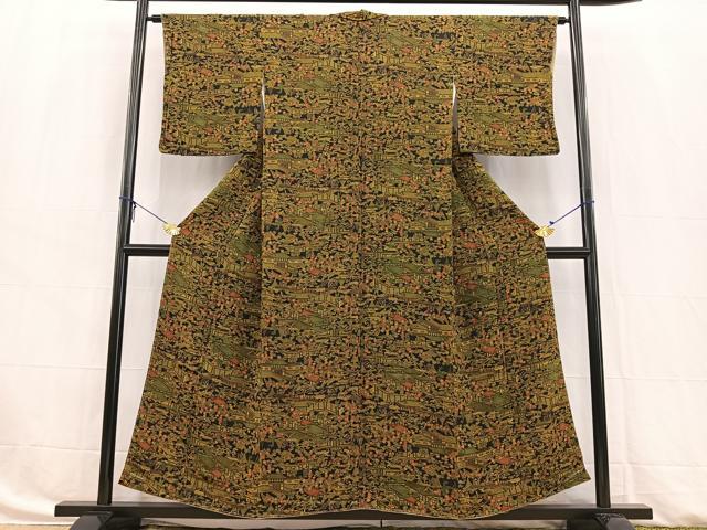 平和屋着物■上質な小紋　平安人物風景文　黒地　鬼しぼ縮緬　正絹　逸品　未使用　BAAW8396yc