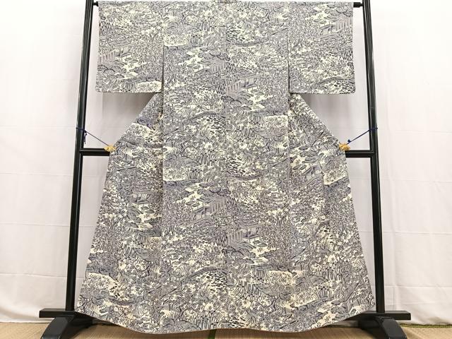 平和屋着物■上質な小紋　型染め　風景花文　正絹　逸品　未使用　BAAW8443yc